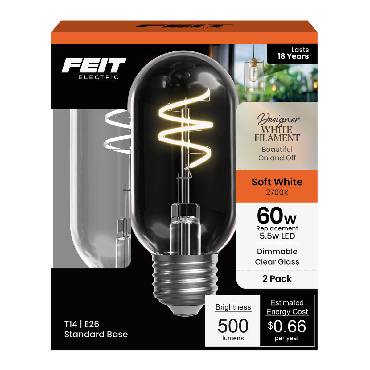 5.5W (60W Replacement) T14 E26 Dimmable Designer Spiral White Filament LED Bulb, Soft White (2-Pack)