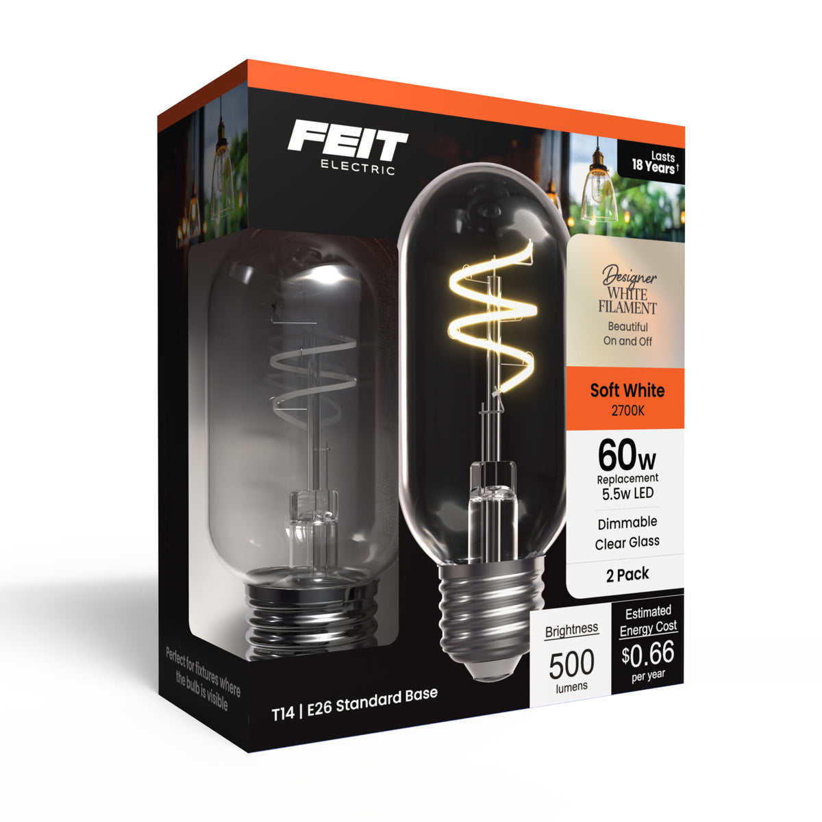 5.5W (60W Replacement) T14 E26 Dimmable Designer Spiral White Filament LED Bulb, Soft White (2-Pack)