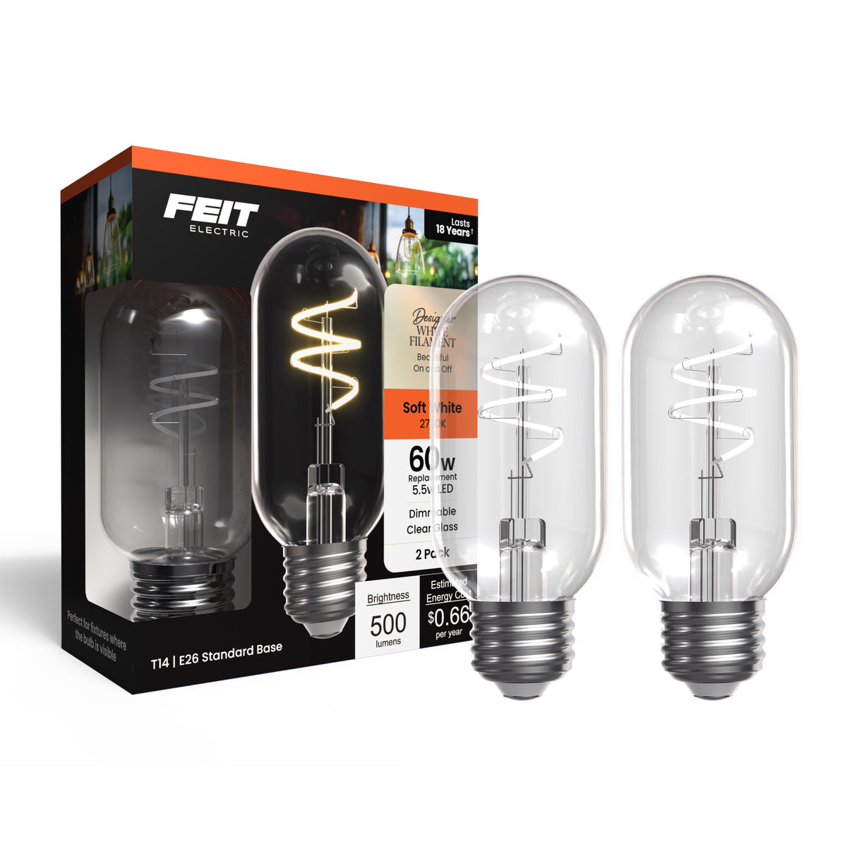 5.5W (60W Replacement) T14 E26 Dimmable Designer Spiral White Filament LED Bulb, Soft White (2-Pack)