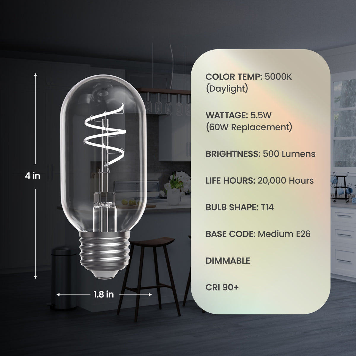 5.5W (60W Replacement) T14 E26 Dimmable Designer Spiral White Filament LED Bulb, Daylight (2-Pack)