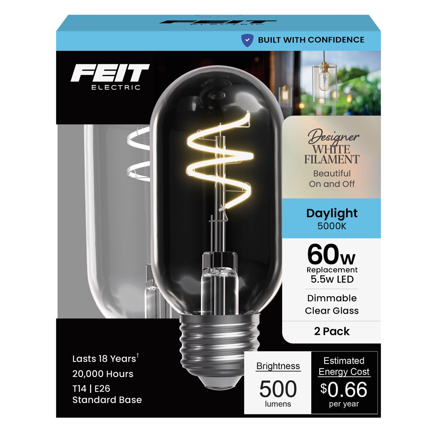5.5W (60W Replacement) T14 E26 Dimmable Designer Spiral White Filament LED Bulb, Daylight (2-Pack)