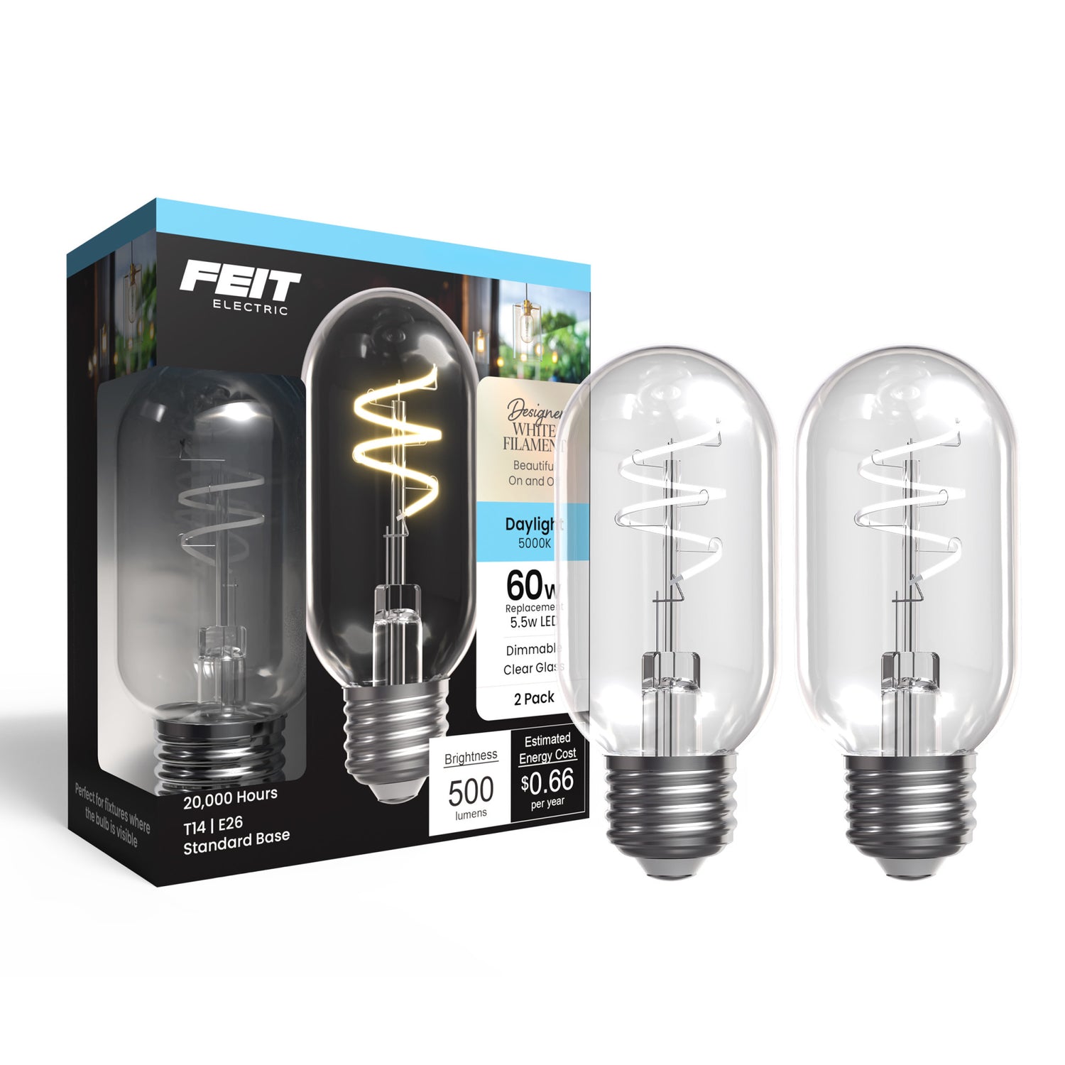 5.5W (60W Replacement) T14 E26 Dimmable Designer Spiral White Filament LED Bulb, Daylight (2-Pack)