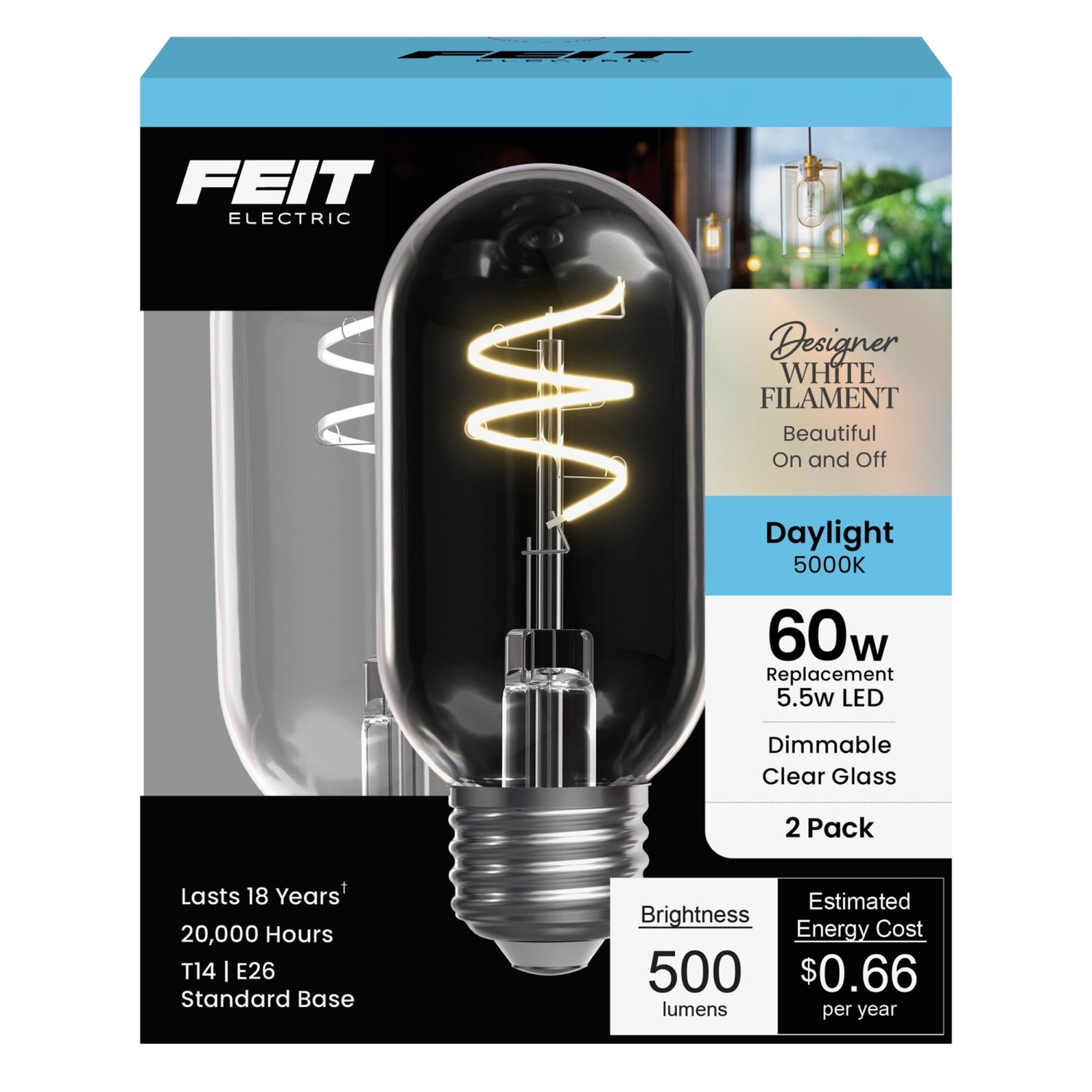 5.5W (60W Replacement) T14 E26 Dimmable Designer Spiral White Filament LED Bulb, Daylight (2-Pack)