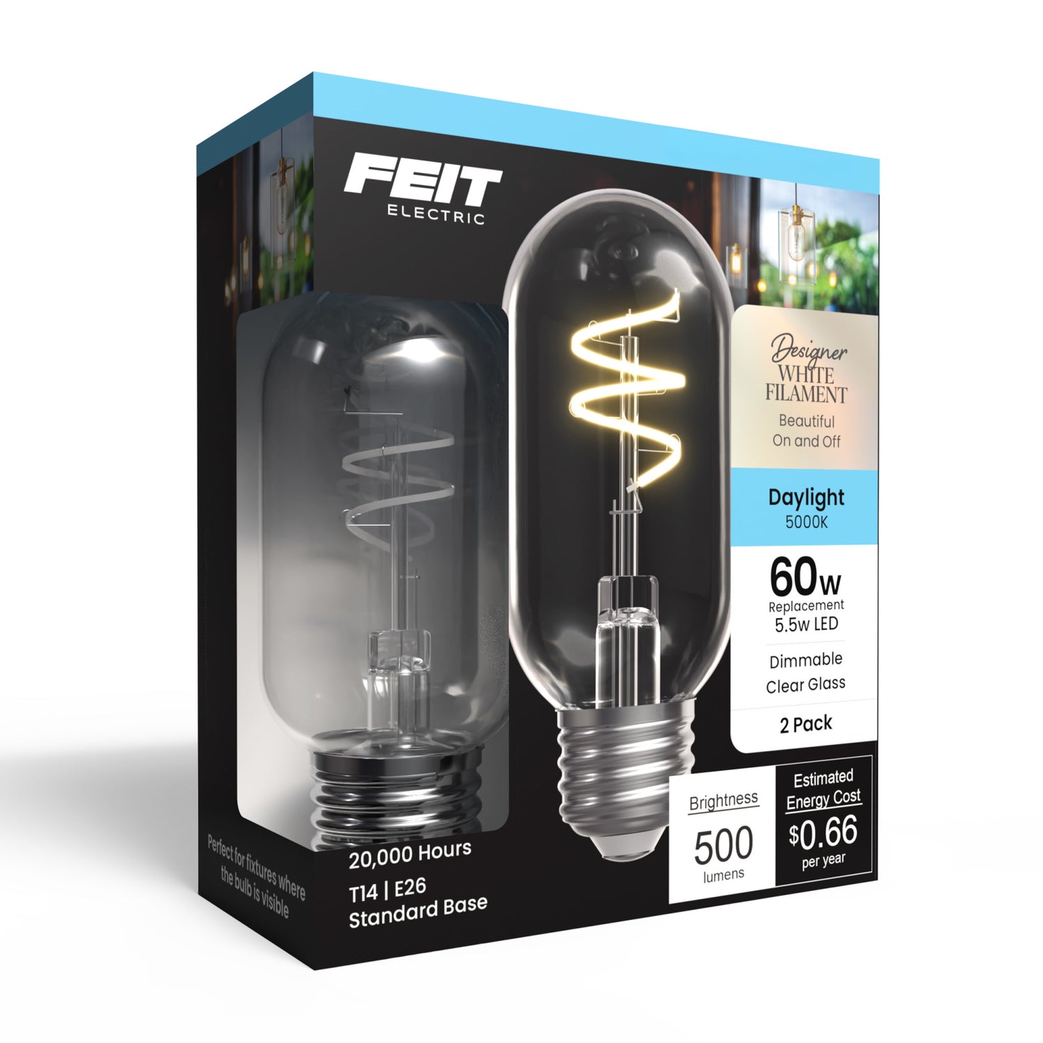 5.5W (60W Replacement) T14 E26 Dimmable Designer Spiral White Filament LED Bulb, Daylight (2-Pack)