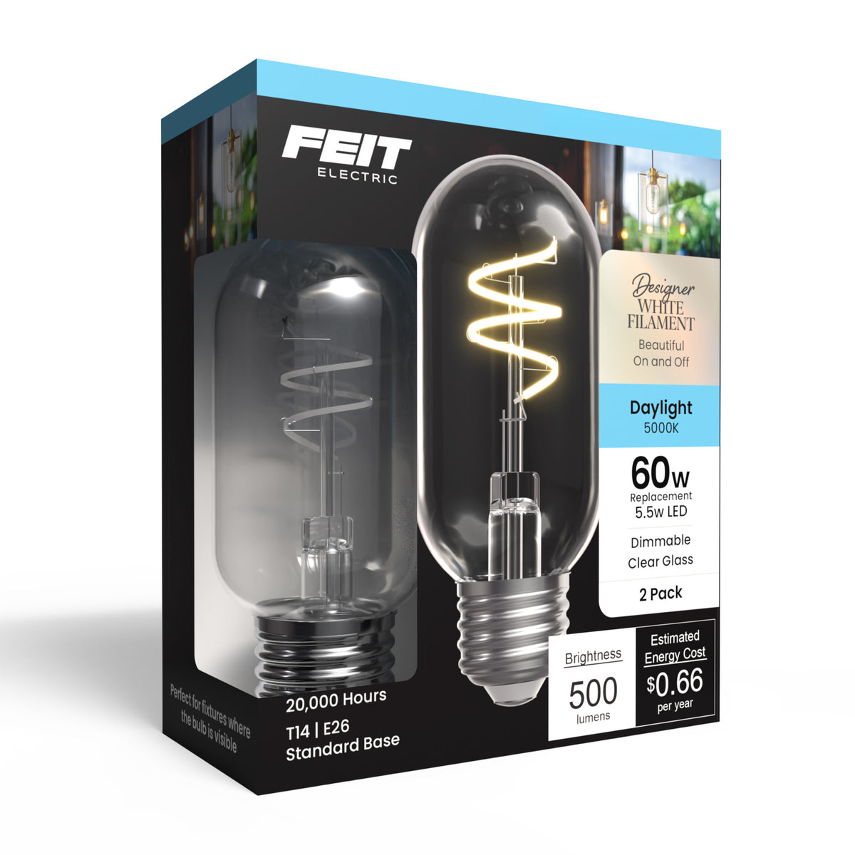 5.5W (60W Replacement) T14 E26 Dimmable Designer Spiral White Filament LED Bulb, Daylight (2-Pack)