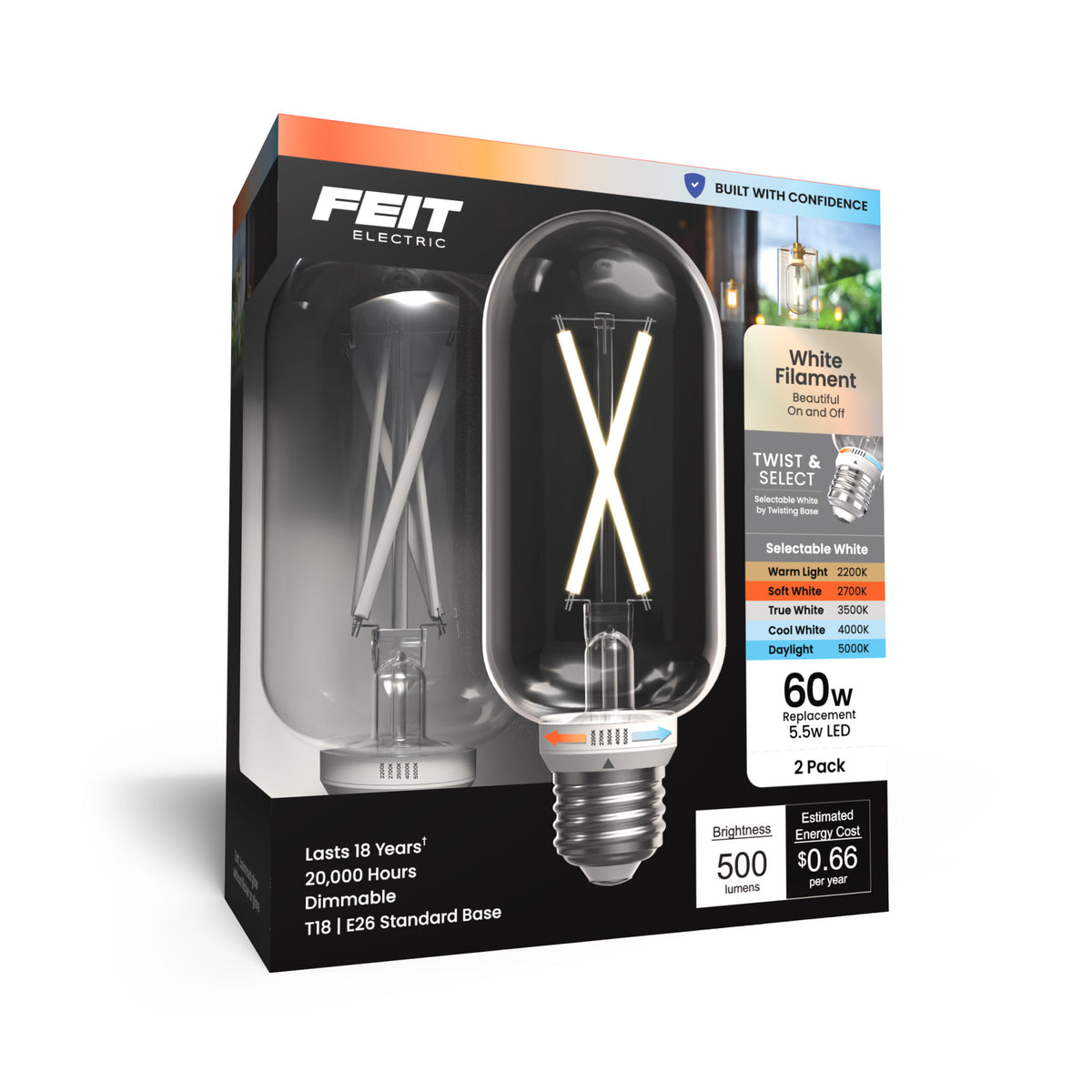 5.5W (60W Replacement) Twist & Select T18 E26 Dimmable White Filament LED Bulb (2-Pack)