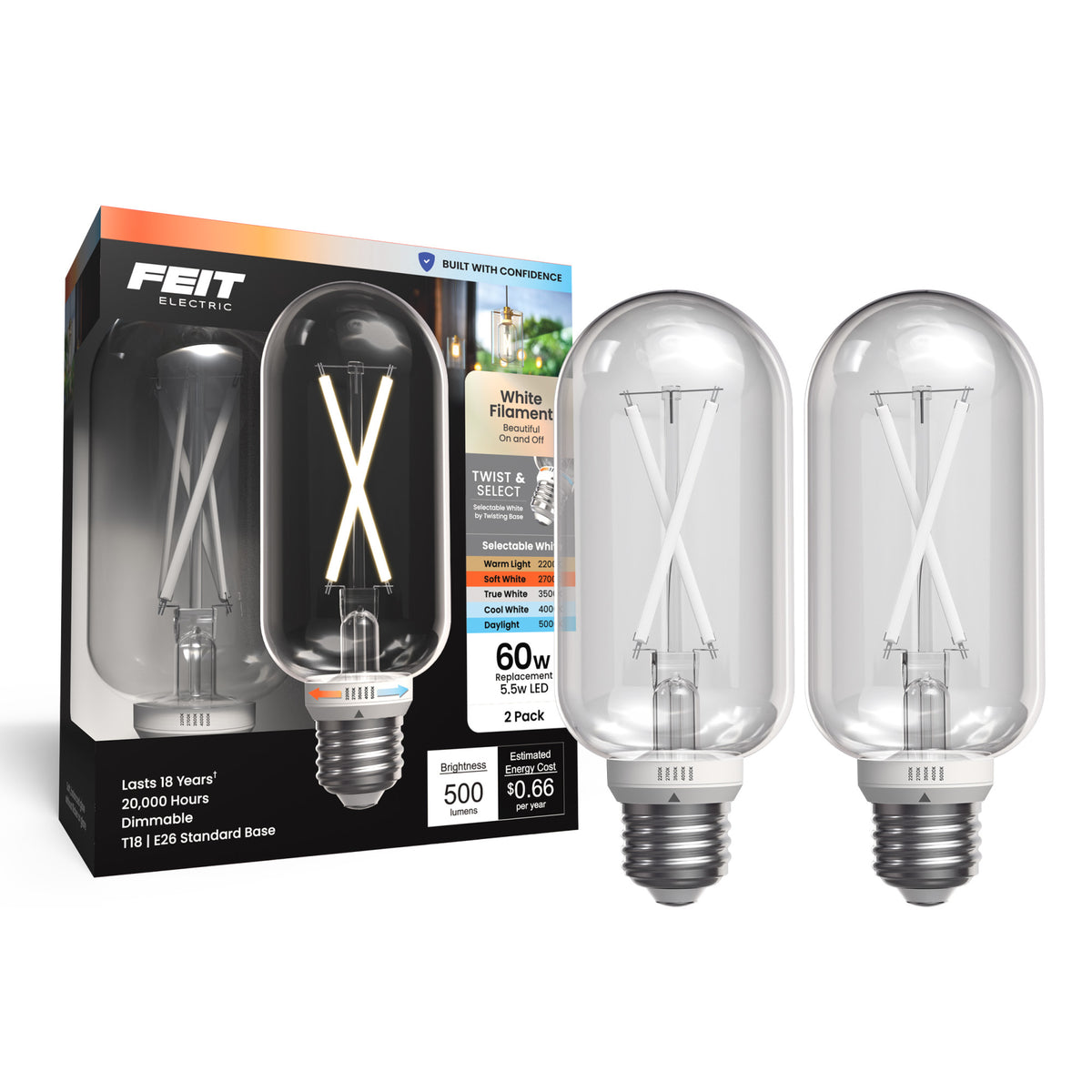 5.5W (60W Replacement) Twist & Select T18 E26 Dimmable White Filament LED Bulb (2-Pack)