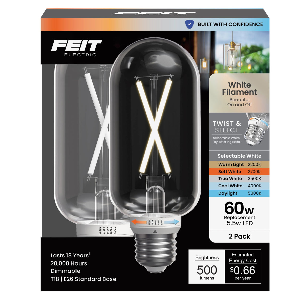 5.5W (60W Replacement) Twist & Select T18 E26 Dimmable White Filament LED Bulb (2-Pack)