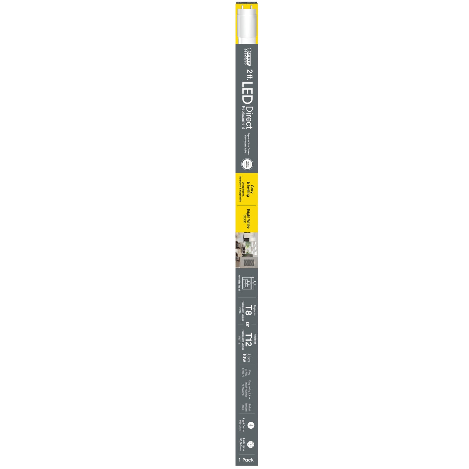 2 ft. 10W (17/20W Equivalent) Bright White (3000K) G13 Base Direct Replacement (Type A) (T8 and T12 Replacement) LED Linear Tube