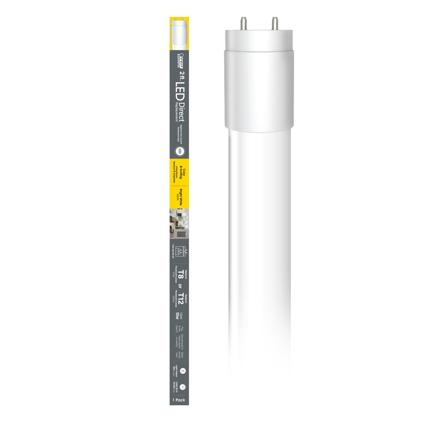 2 ft. 10W (17/20W Equivalent) Bright White (3000K) G13 Base Direct Replacement (Type A) (T8 and T12 Replacement) LED Linear Tube
