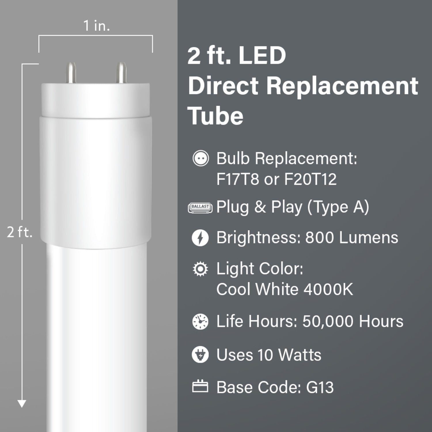 2 ft. 10W (17/20W Replacement) Cool White (4000K) G13 Base Direct Replacement (Type A) (T8 and T12 Replacement) LED Linear Tube
