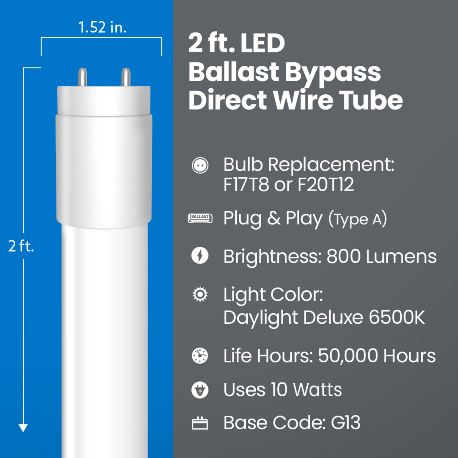 2 ft. 10W (20W Replacement) Daylight Deluxe (6500K) G13 Base (T8 & T12 Replacement) Direct Replacement (Type A) LED Linear Tube
