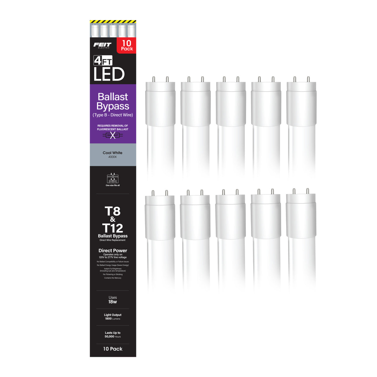 4 ft. 18W Cool White (4000K) G13 Base (T8/T12 Replacement) Ballast Bypass (Type B) LED Linear Tube (10-Pack)