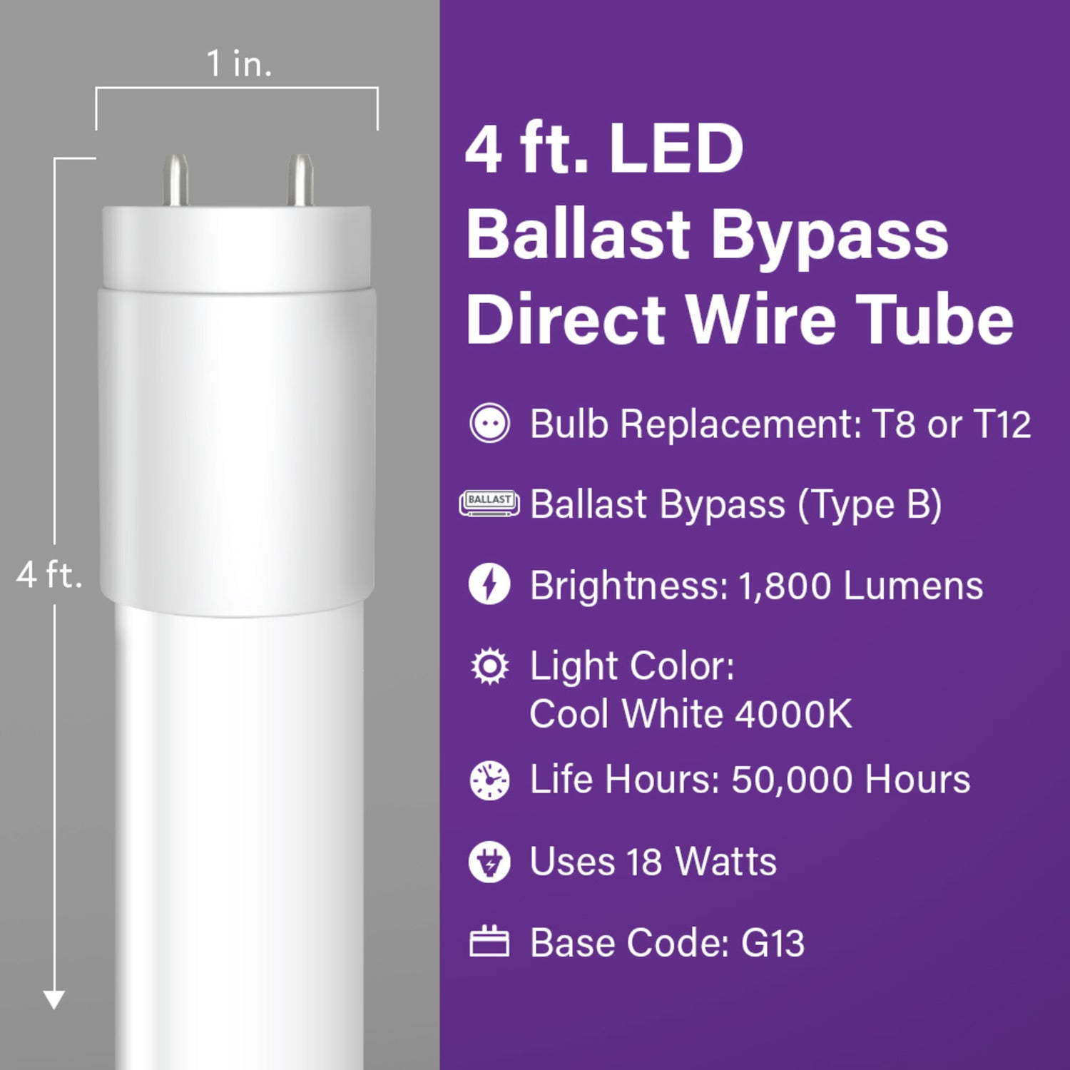 4 ft. 18W (32W Replacement) Cool White (4000K) G13 Base (T8/T12 Replacement) Ballast Bypass (Type B) LED Linear Tube (10-Pack)