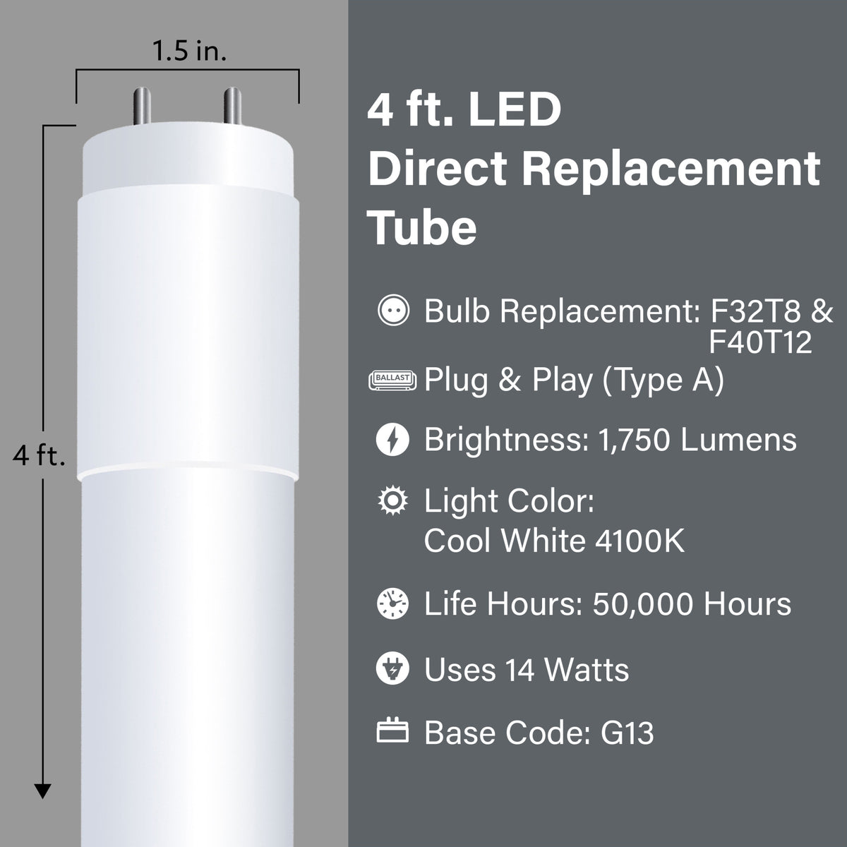 4 ft. 14W (32/40W Replacement) Cool White (4100K) (T8 & T12 Replacement) Direct Replacement (Type A) LED Light Bulb