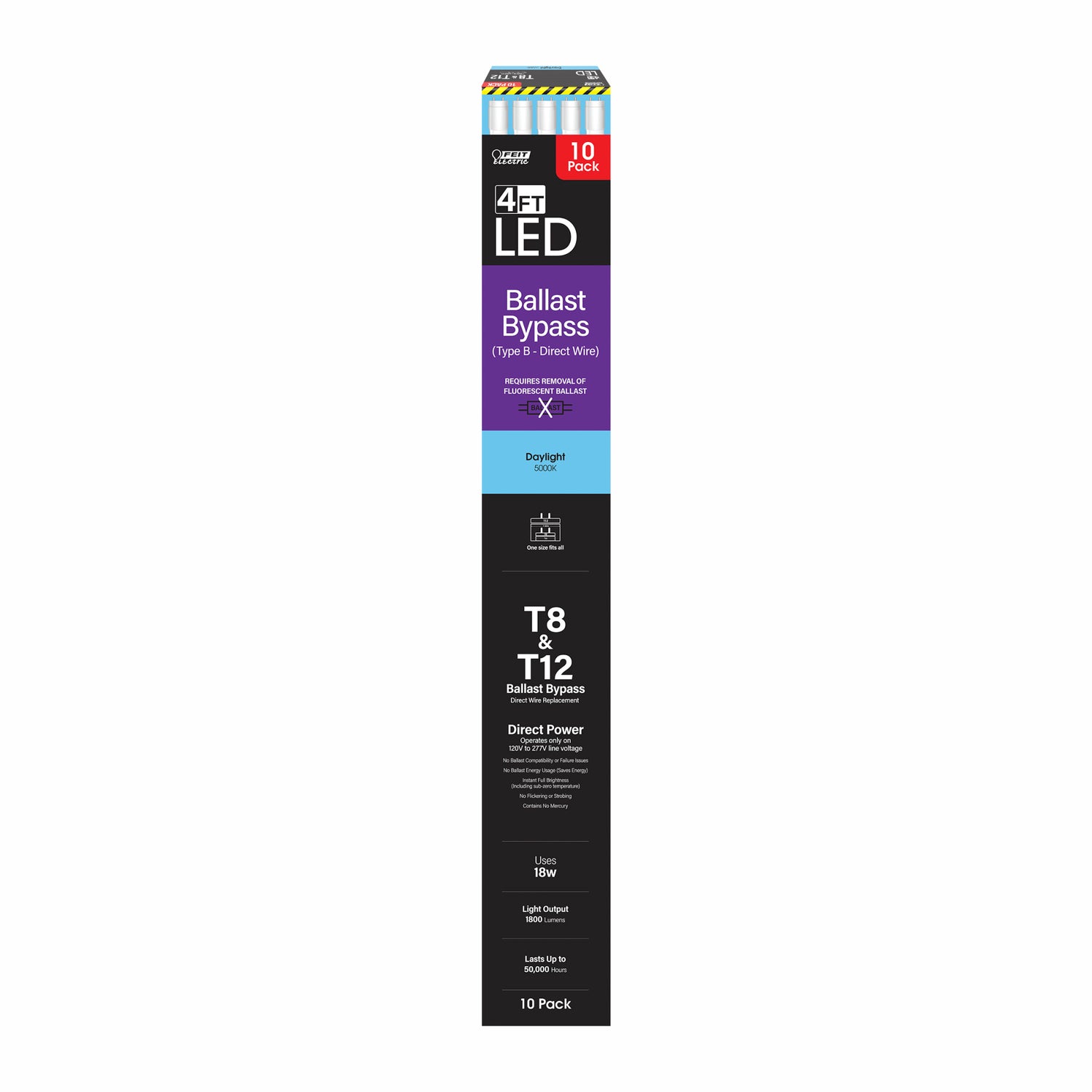 4 ft. 18W (32W Replacement) Daylight (5000K) G13 Base (T8 Replacement) Ballast Bypass (Type B) Linear LED (10-Pack)