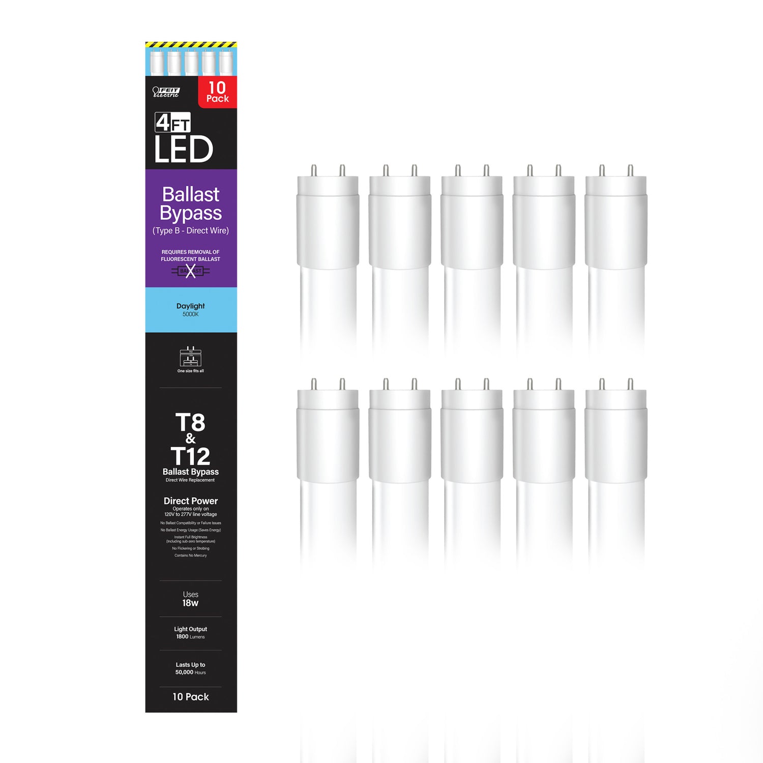 4 ft. 18W (32W Replacement) Daylight (5000K) G13 Base (T8 Replacement) Ballast Bypass (Type B) Linear LED (10-Pack)