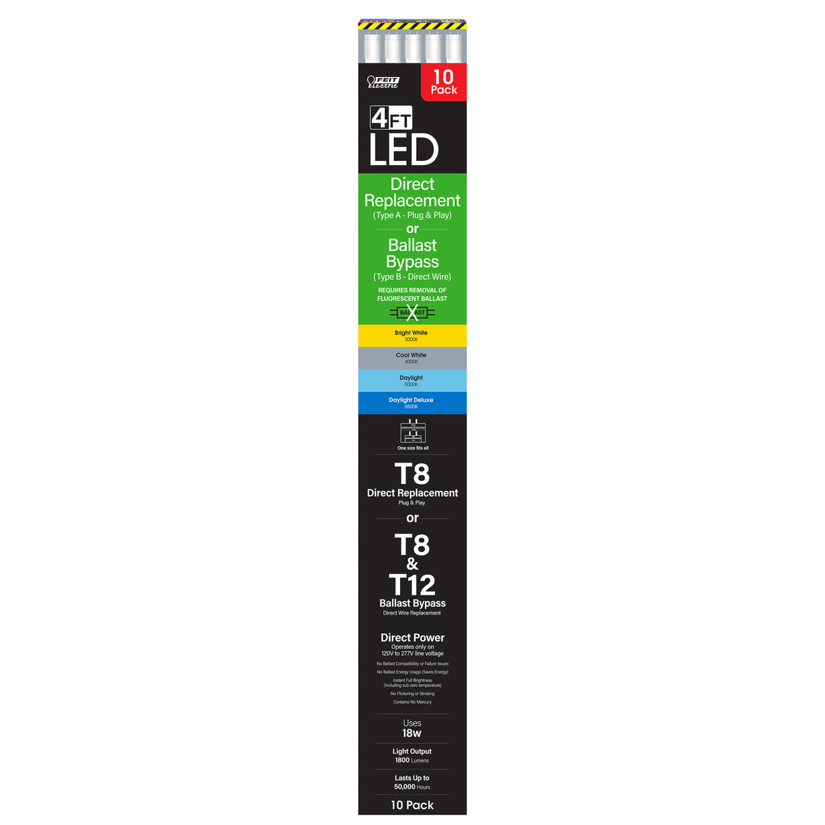 4 ft. 18W (32W Replacement) Adjustable White G13 Base (T8 Replacement) Direct Replacement and Ballast Bypass (Type AB) Linear LED Tube (10-Pack)