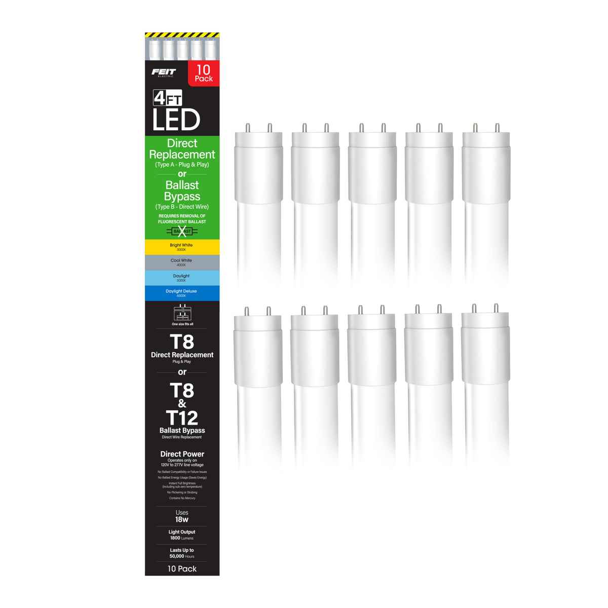 4 ft. 18W (32W Replacement) Adjustable White G13 Base (T8 Replacement) Direct Replacement and Ballast Bypass (Type AB) Linear LED Tube (10-Pack)