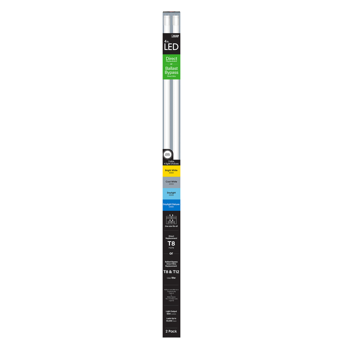 4 ft. 18W (32W Replacement) Adjustable White G13 Base (T8 Replacement) Direct Replacement and Ballast Bypass (Type AB) Linear LED Tube (2-Pack)