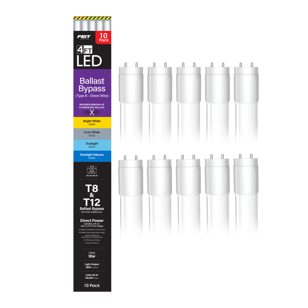 4 ft. 18W Adjustable White G13 Base (T8 and T12 Replacement) Ballast Bypass (Type B) LED Linear Tube (10-Pack)