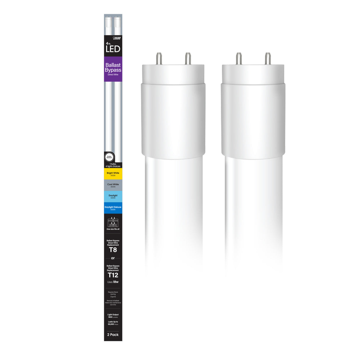 4 ft. 18W Adjustable White G13 Base (T8 and T12 Replacement) Ballast Bypass (Type B) LED Linear Tube (2-Pack)