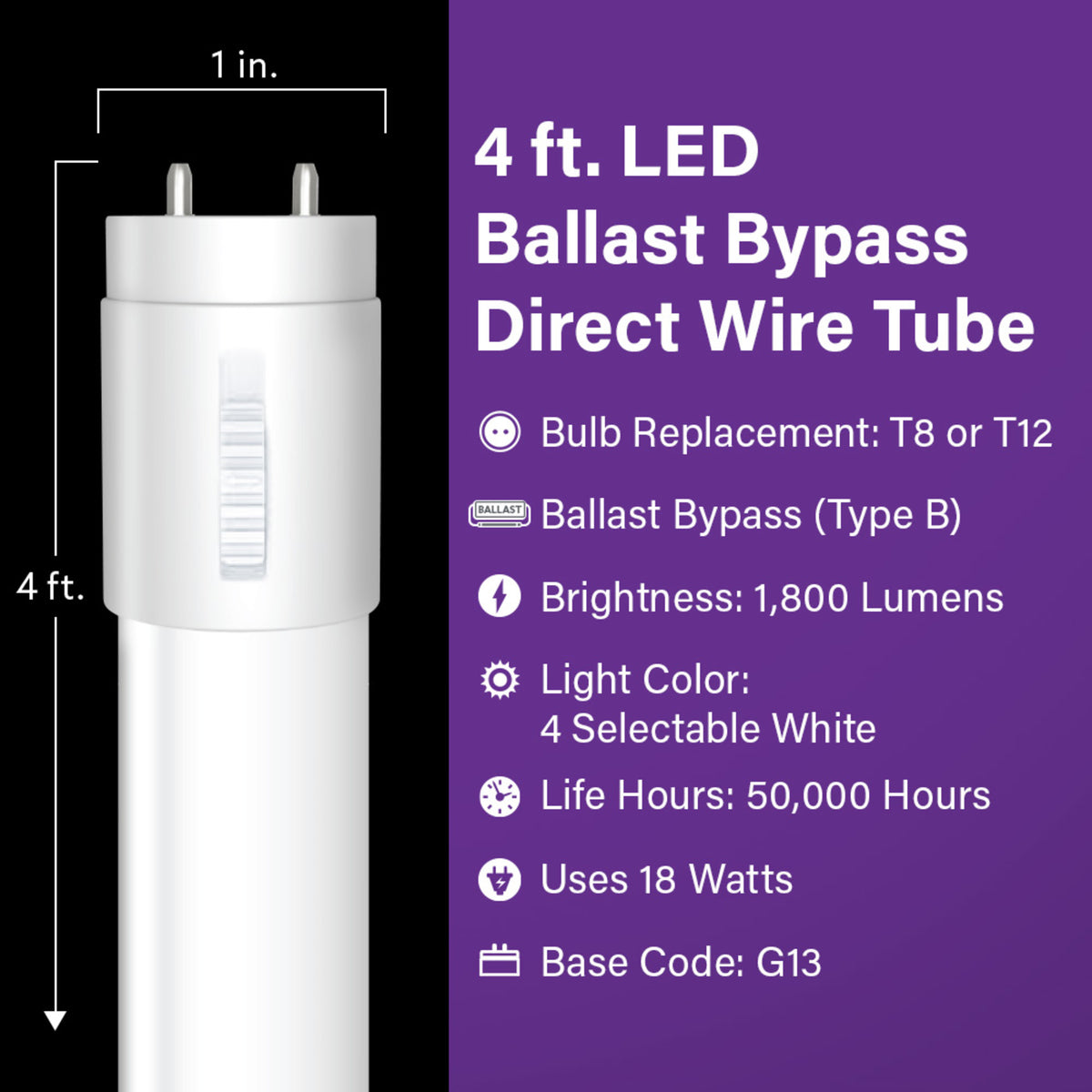 4 ft. 18W Adjustable White G13 Base (T8 and T12 Replacement) Ballast Bypass (Type B) LED Linear Tube (2-Pack)