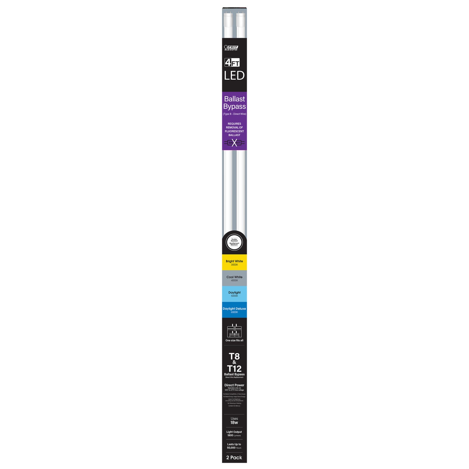 4 ft. 18W Selectable White G13 Base (T8 and T12 Replacement) Ballast Bypass (Type B) LED Linear Tube (2-Pack)