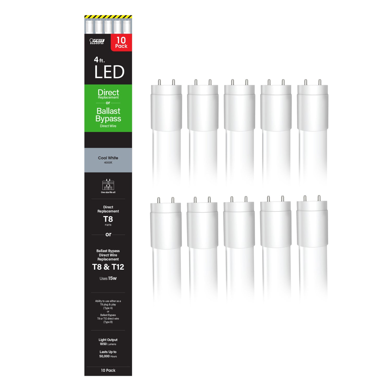 4 ft. 15W (32W Equivalent) Cool White (4000K) G13 Base (T8 Replacement) Direct Replacement and Ballast Bypass (Type AB) Linear LED Tube (10-Pack)