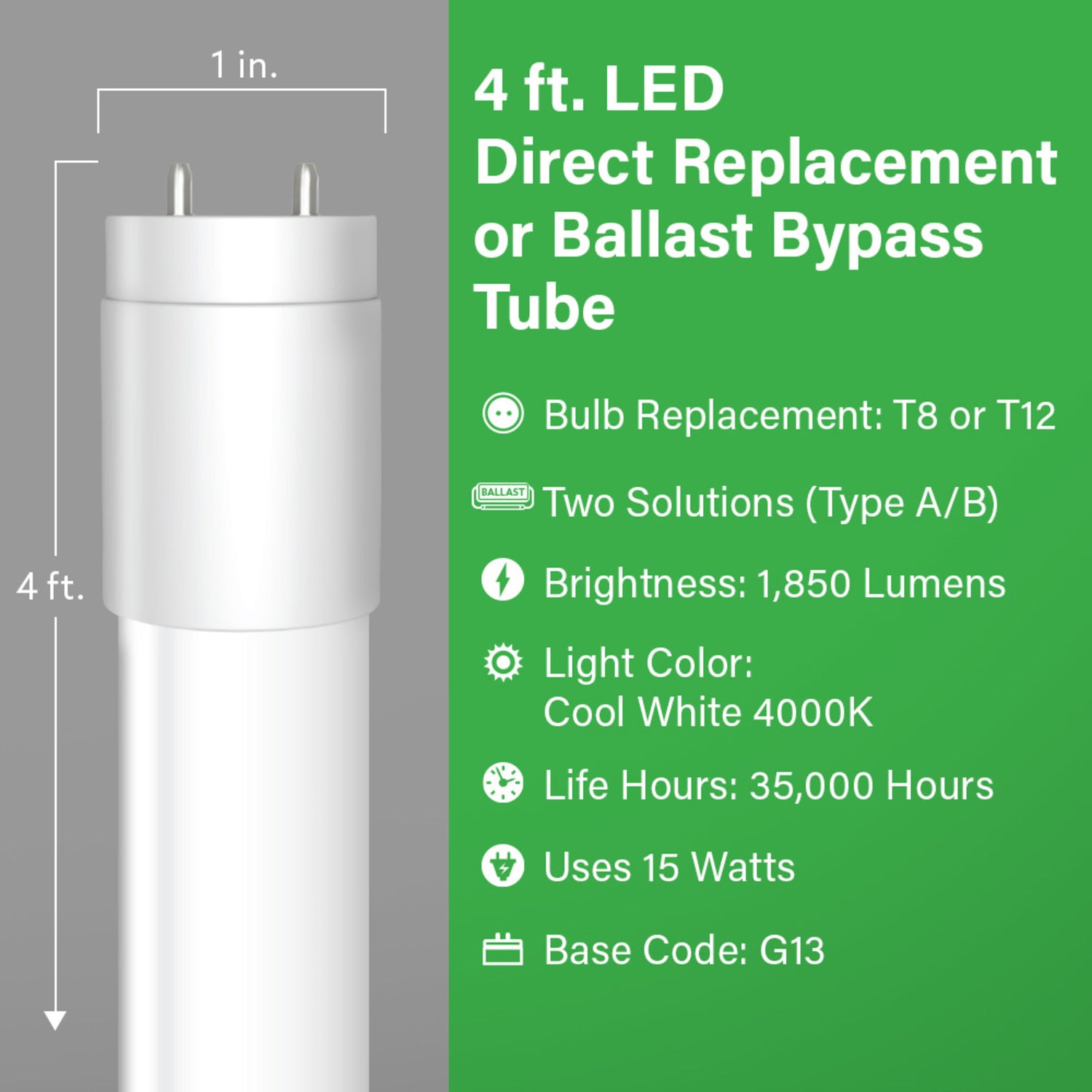 4 ft. 15W (32W Equivalent) Cool White (4000K) G13 Base (T8 Replacement) Direct Replacement and Ballast Bypass (Type AB) Linear LED Tube (10-Pack)