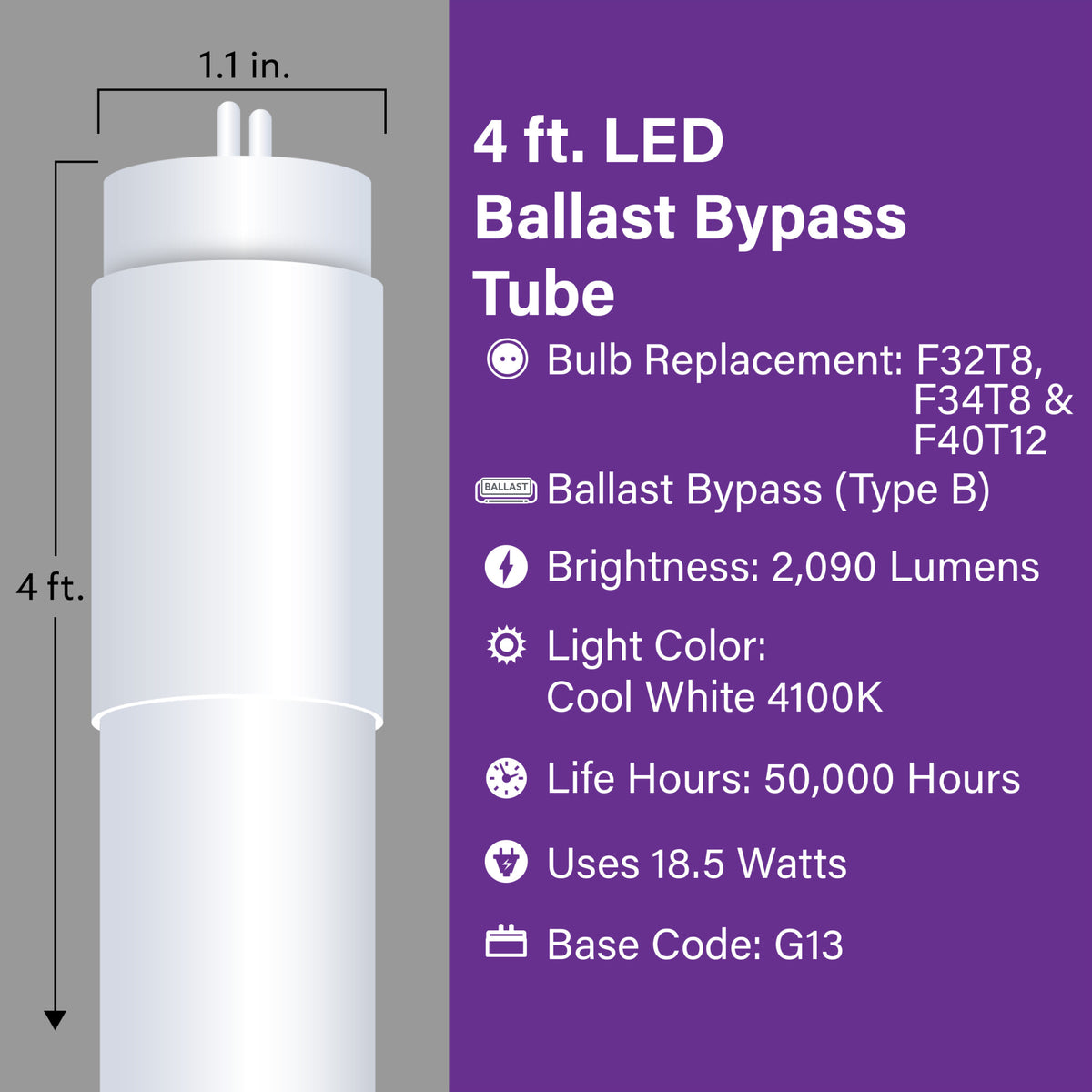 18.5W (40W Replacement) Cool White (4100K) G13 Base (T8/T12 Replacement) Type B (Ballast Bypass) LED Light Bulb