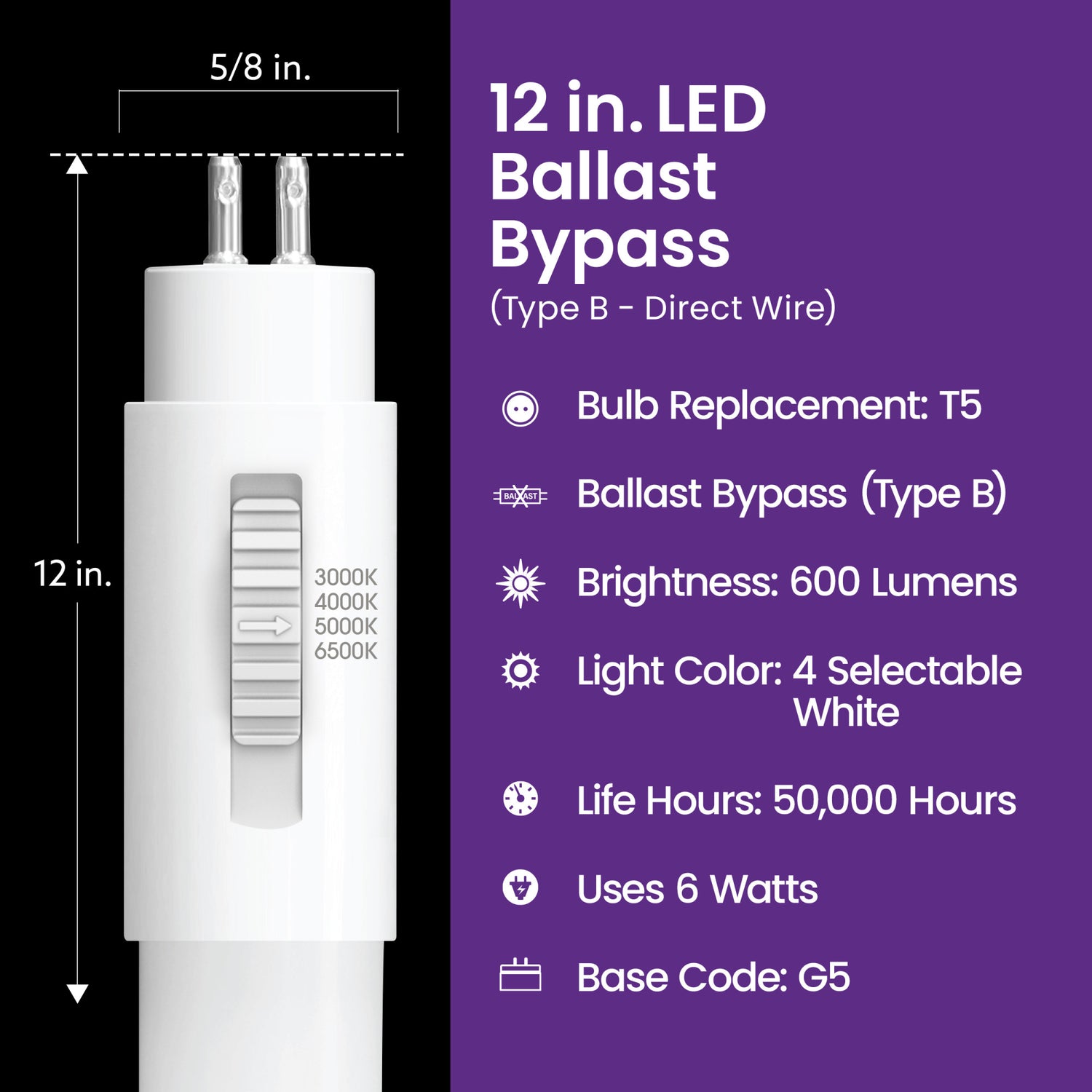 12 in. 6W Adjustable White G5 Base (T5 Replacement) Ballast Bypass (Type B) LED Linear Tube