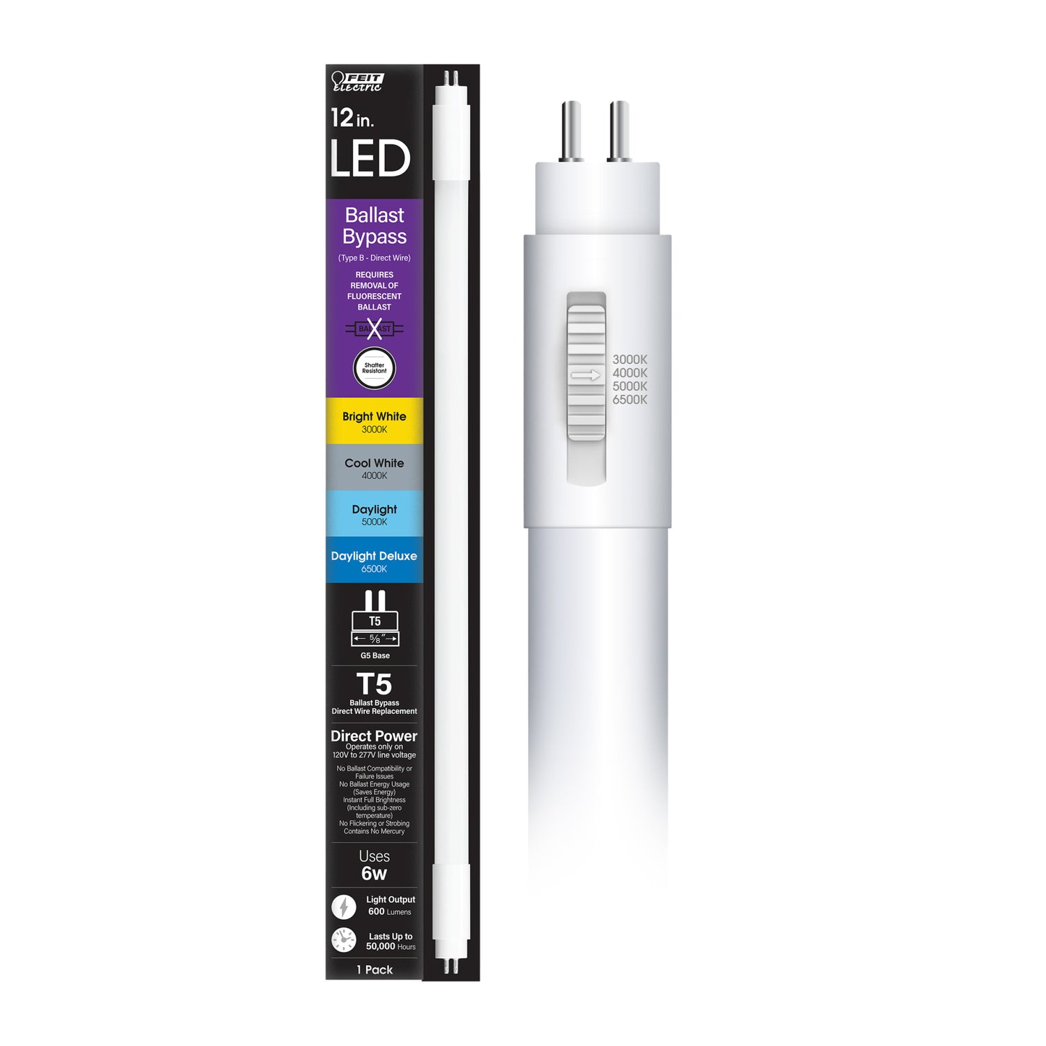 12 in. 6W Selectable White G5 Base (T5 Replacement) Ballast Bypass (Type B) LED Linear Tube