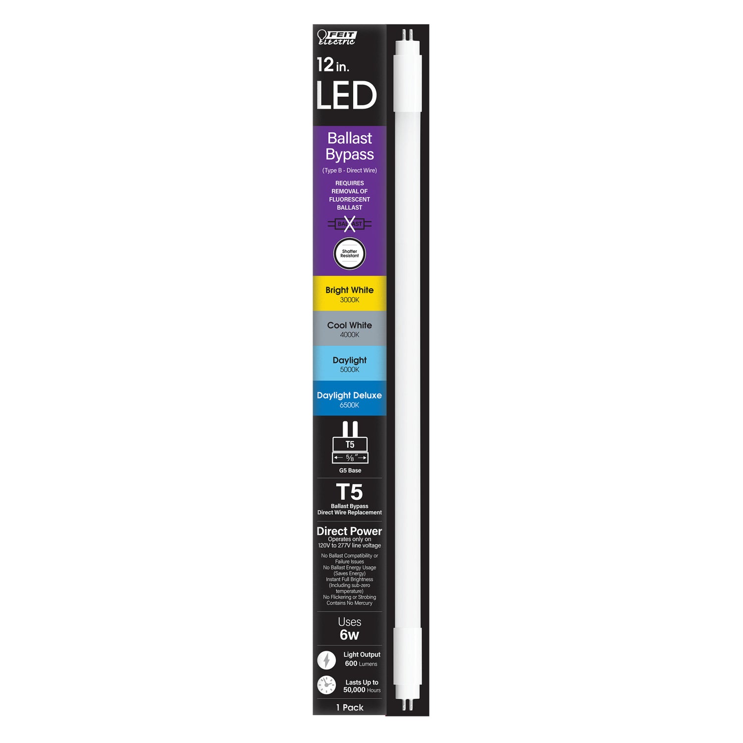 12 in. 6W Adjustable White G5 Base (T5 Replacement) Ballast Bypass (Type B) LED Linear Tube