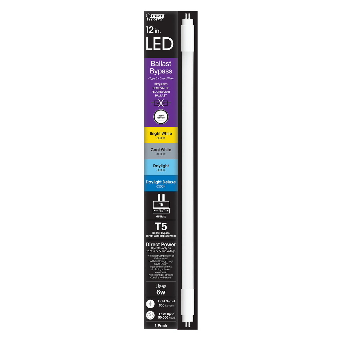 12 in. 6W Adjustable White G5 Base (T5 Replacement) Ballast Bypass (Type B) LED Linear Tube