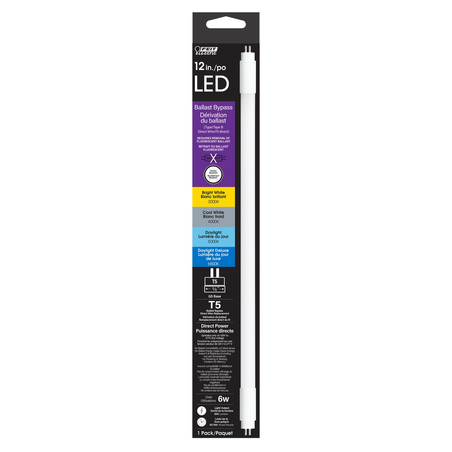 12 in. 6W Adjustable White G5 Base (T5 Replacement) Ballast Bypass (Type B) LED Linear Tube