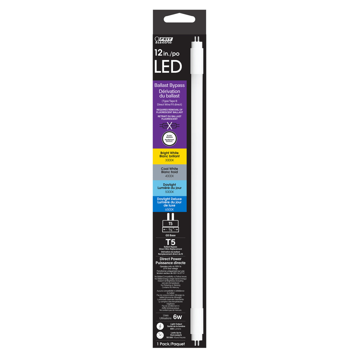 12 in. 6W Adjustable White G5 Base (T5 Replacement) Ballast Bypass (Type B) LED Linear Tube