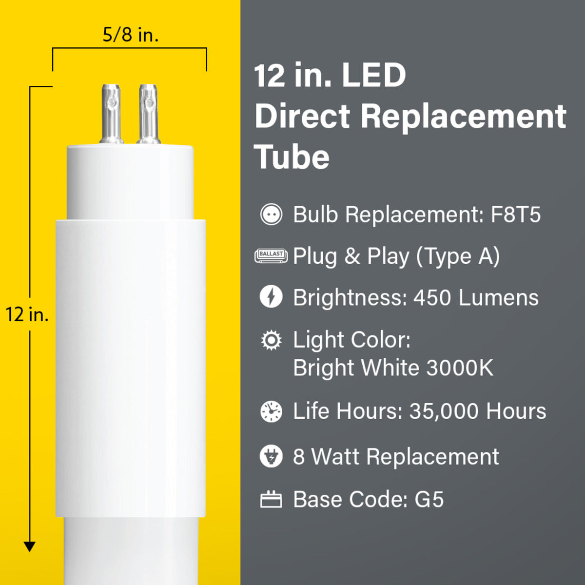 12 in. 8W Replacement Bright White (3000K) G5 Base (T5 Replacement) Direct Replacement (Type A) LED Linear Tube