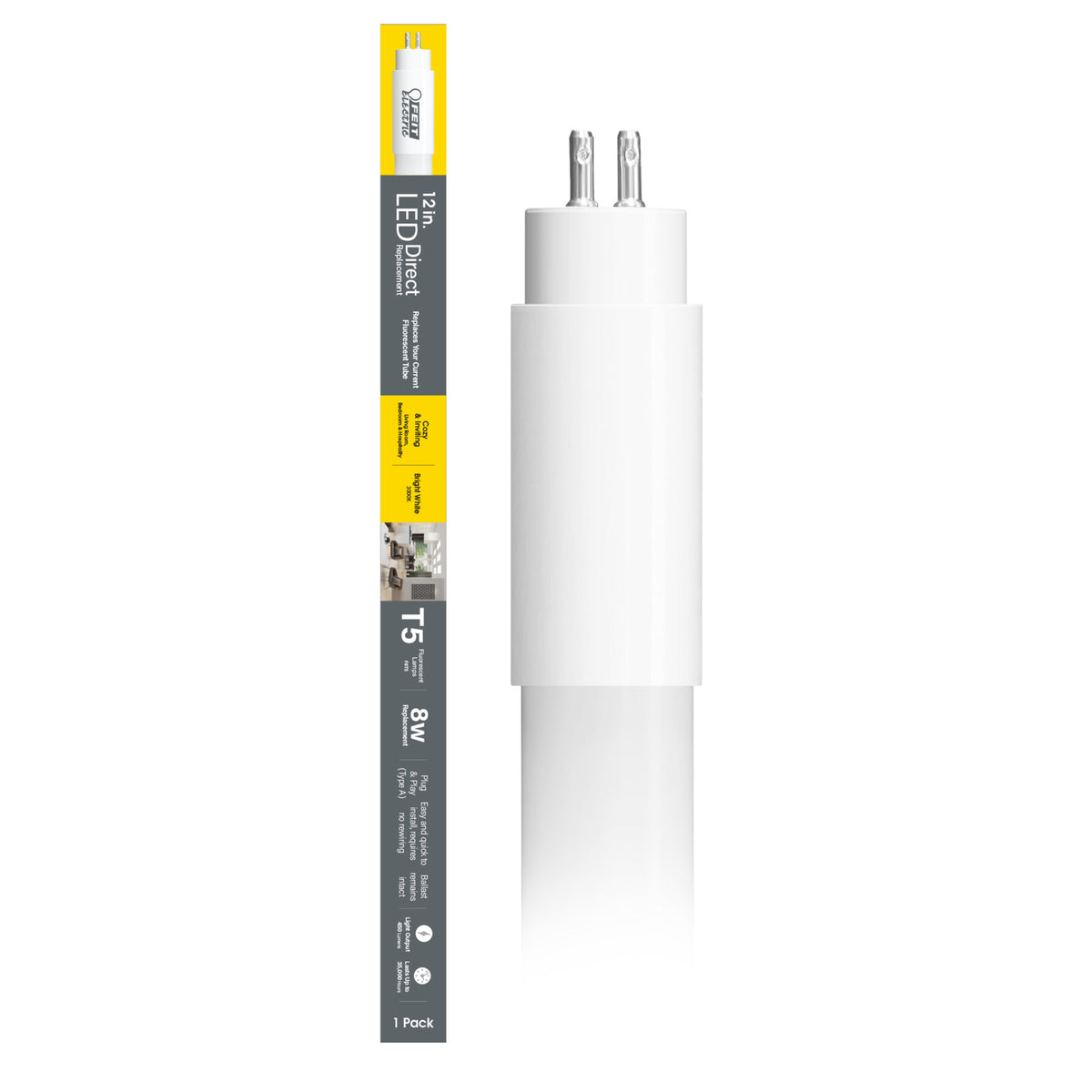 12 in. 8W Replacement Bright White (3000K) G5 Base (T5 Replacement) Direct Replacement (Type A) LED Linear Tube
