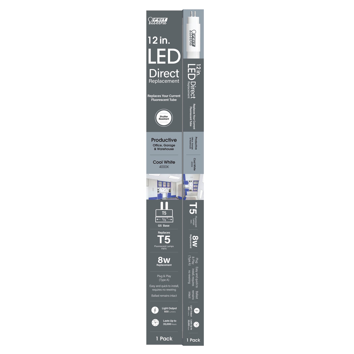 12 in. 8W Replacement Cool White (4000K) G5 Base (T5 Replacement) Direct Replacement (Type A) LED Linear Tube