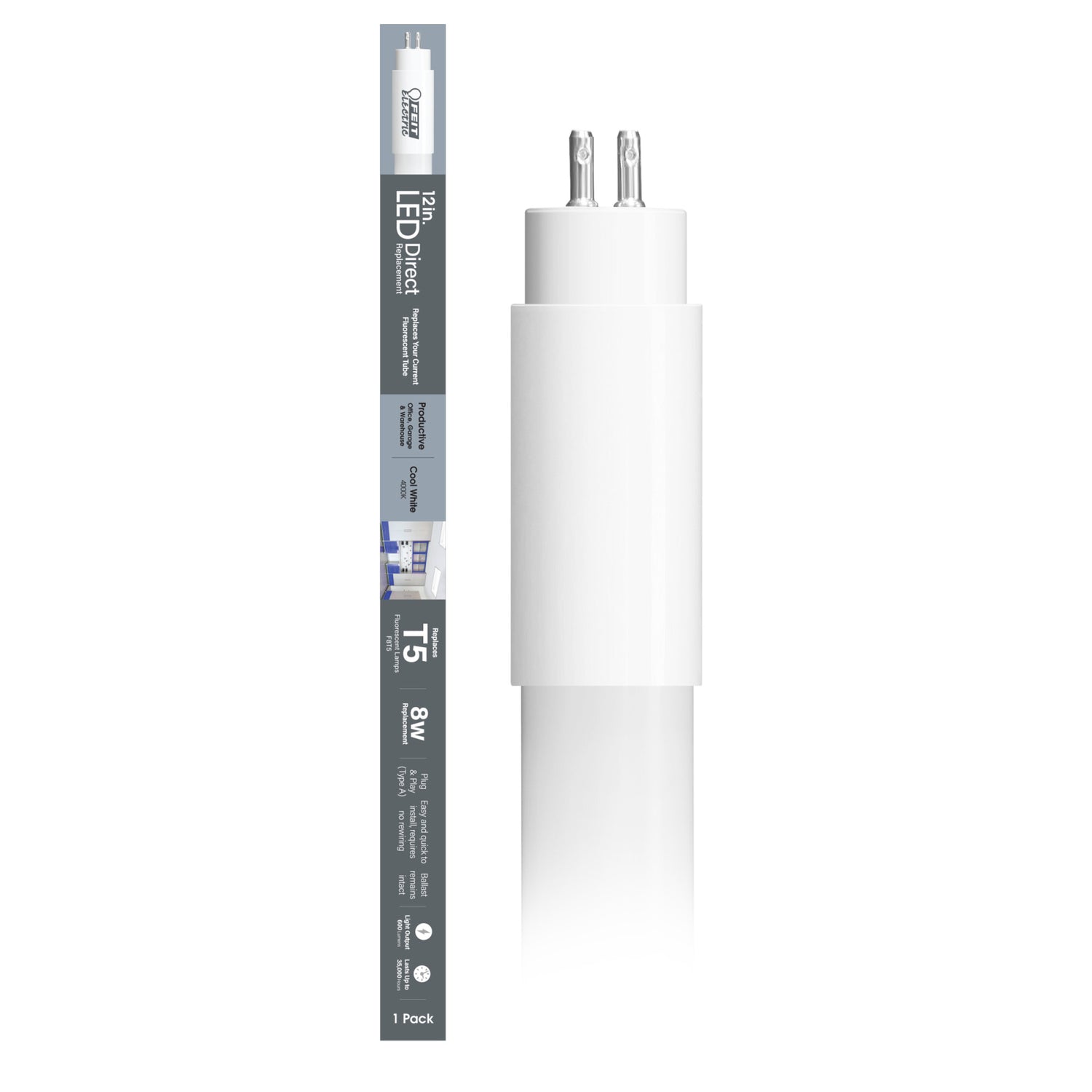 12 in. 8W Replacement Cool White (4000K) G5 Base (T5 Replacement) Direct Replacement (Type A) LED Linear Tube