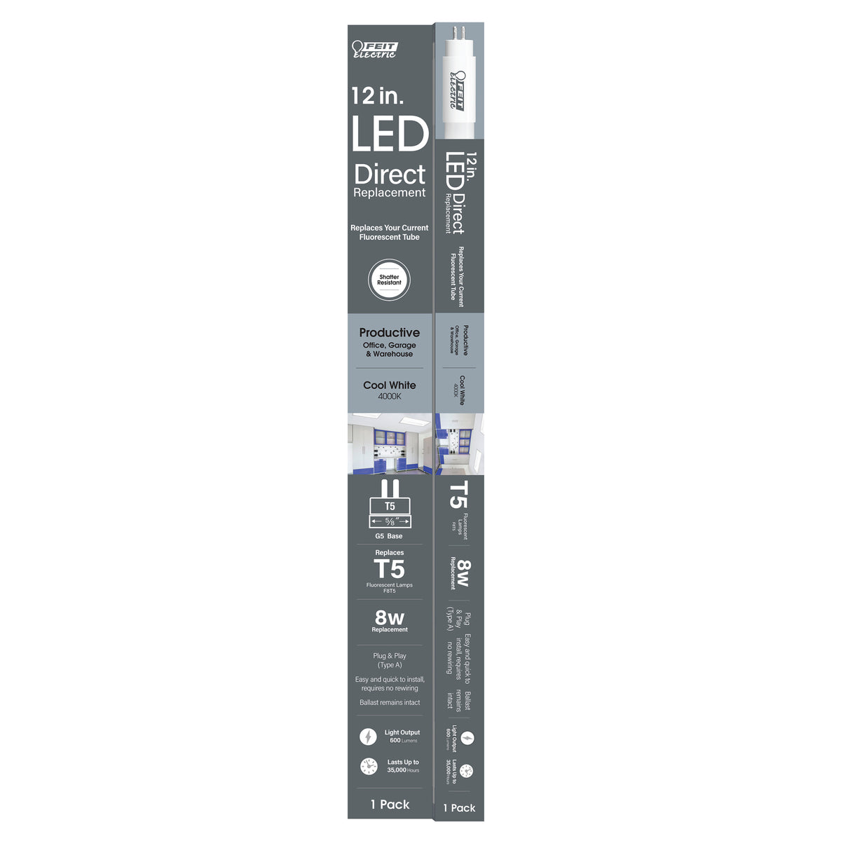 12 in. 8W Replacement Cool White (4000K) G5 Base (T5 Replacement) Direct Replacement (Type A) LED Linear Tube