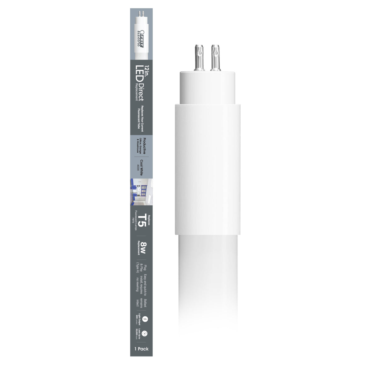 12 in. 8W Replacement Cool White (4000K) G5 Base (T5 Replacement) Direct Replacement (Type A) LED Linear Tube