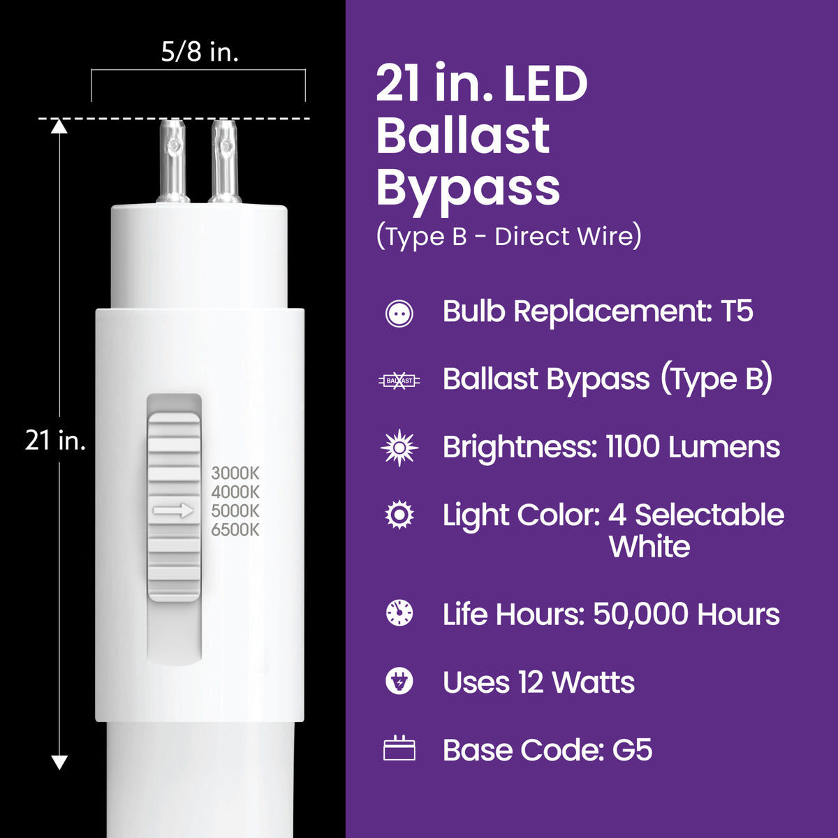 21 in. 12W Adjustable White G5 Base (T5 Replacement) Ballast Bypass (Type B) LED Linear Tube