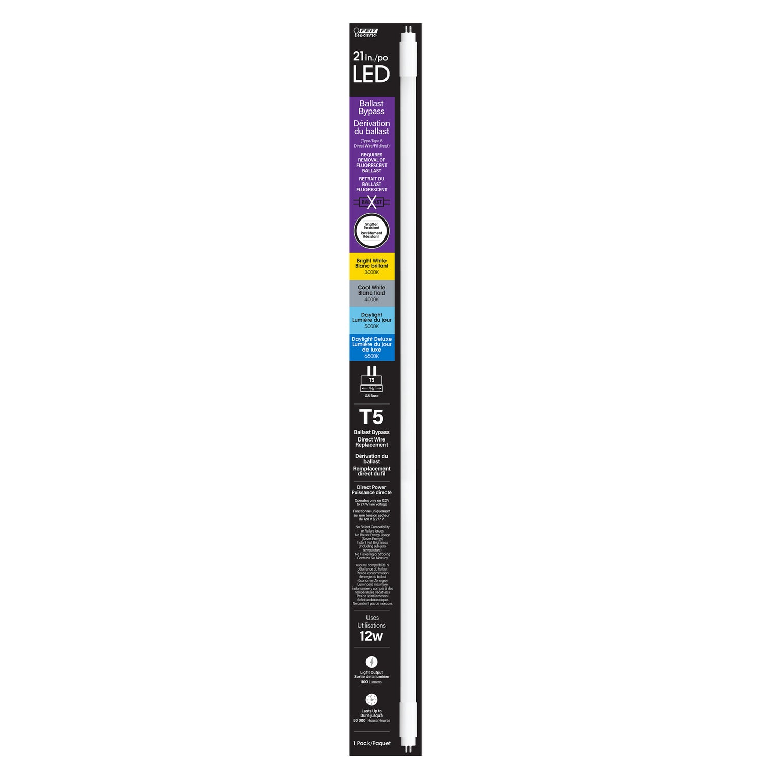 21 in. 12W Selectable White G5 Base (T5 Replacement) Ballast Bypass (Type B) LED Linear Tube