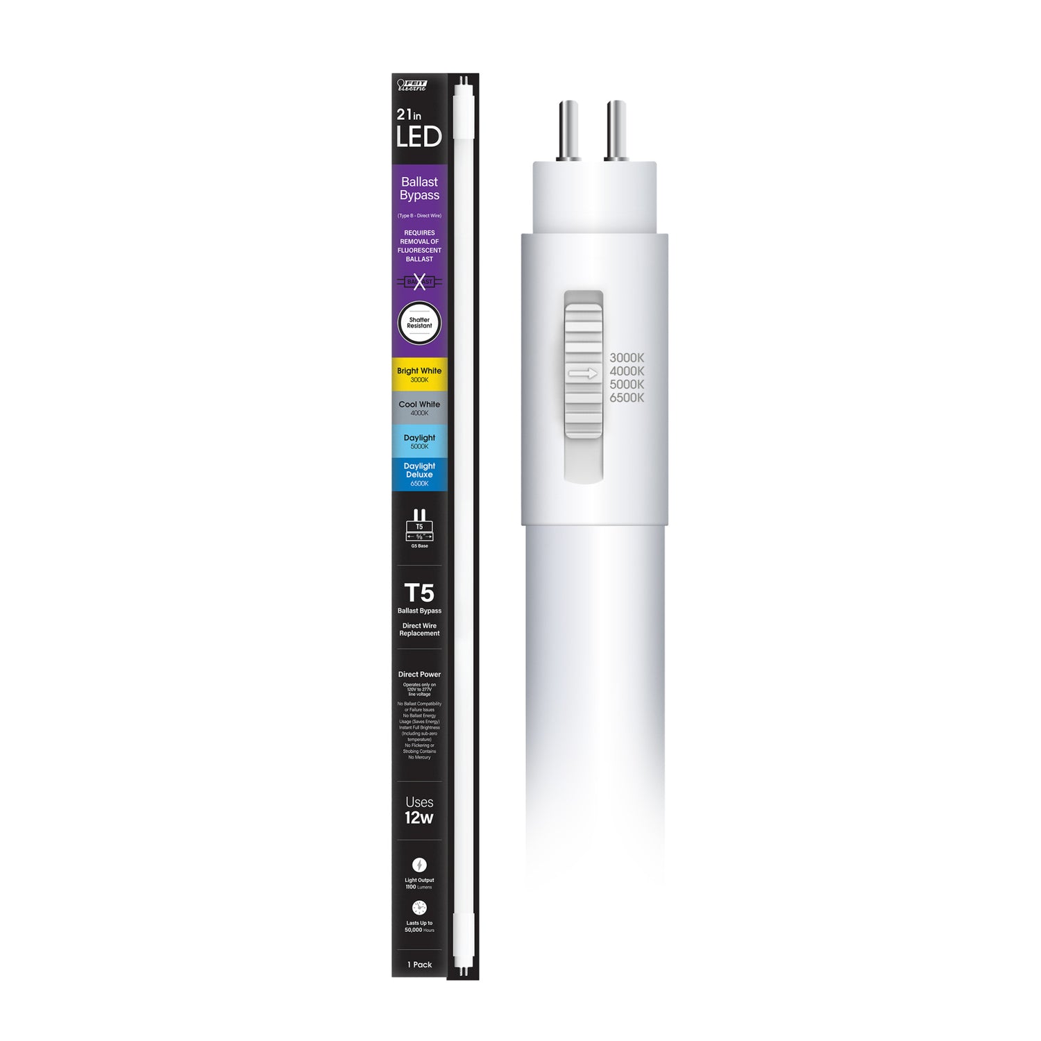 21 in. 12W Selectable White G5 Base (T5 Replacement) Ballast Bypass (Type B) LED Linear Tube