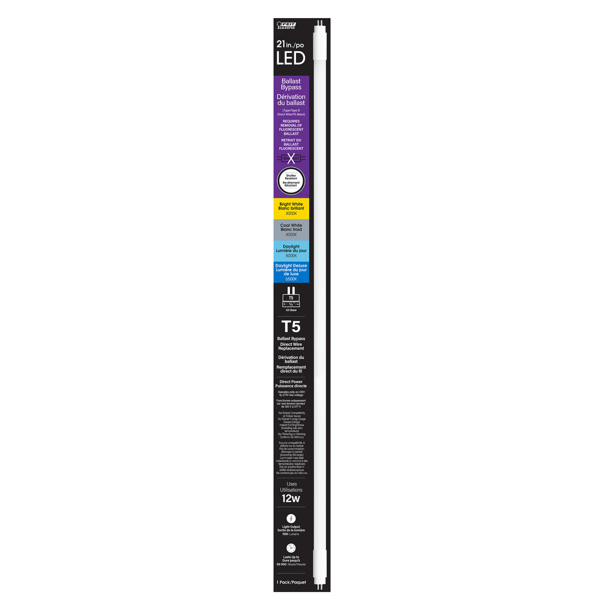 21 in. 12W Adjustable White G5 Base (T5 Replacement) Ballast Bypass (Type B) LED Linear Tube