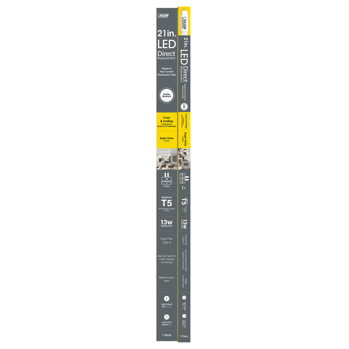 21 in. 13W Replacement Bright White (3000K) G5 Base (T5 Replacement) Direct Replacement (Type A) LED Linear Tube