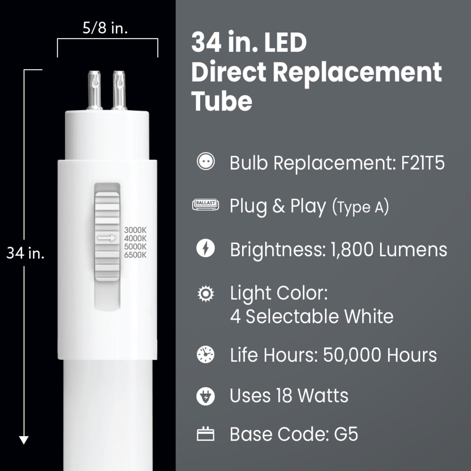 34 in. 18W (21W Replacement) Selectable White G5 Base Direct Replacement (Type A) (T5 Replacement) LED Linear Tube