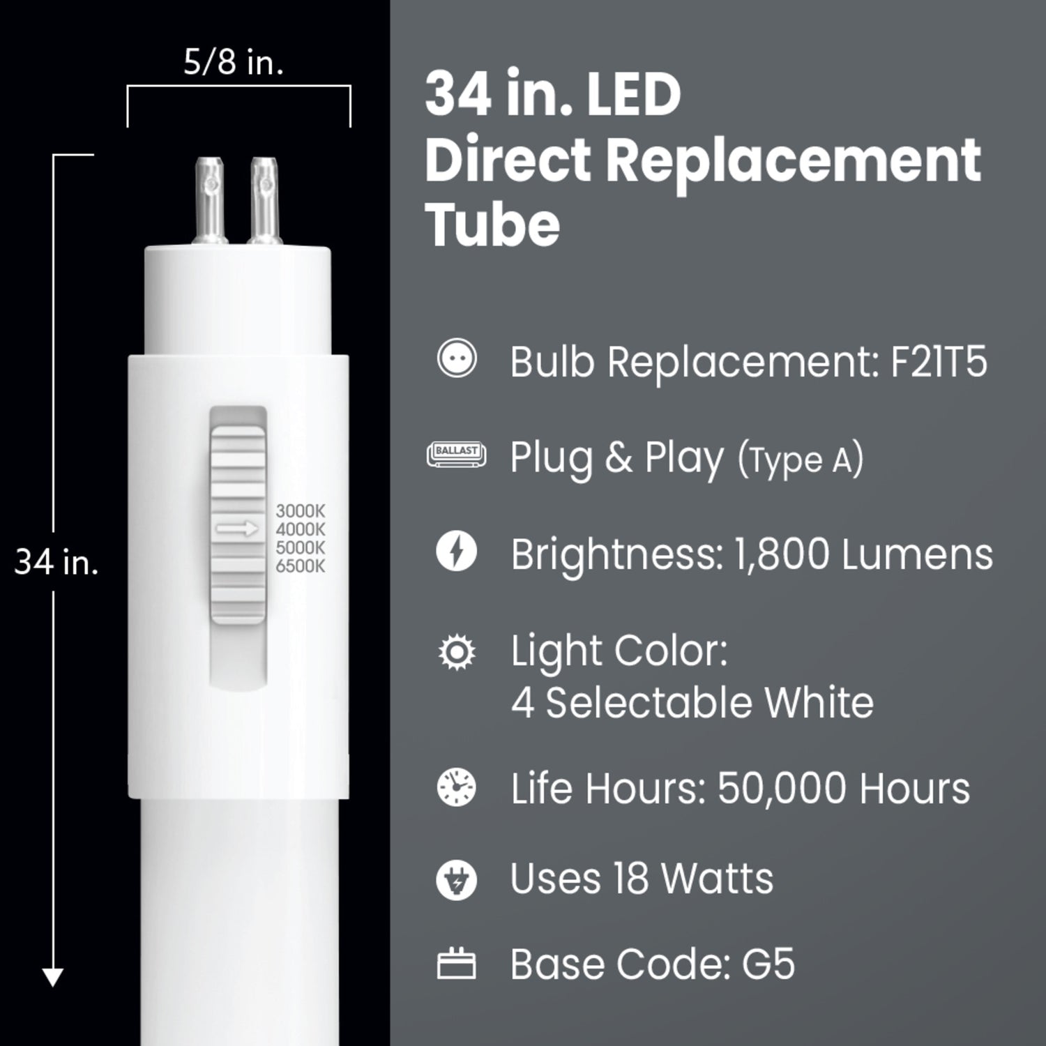 34 in. 21W Replacement Adjustable White G5 Base Direct Replacement (Type A) (T5 Replacement) LED Linear Tube